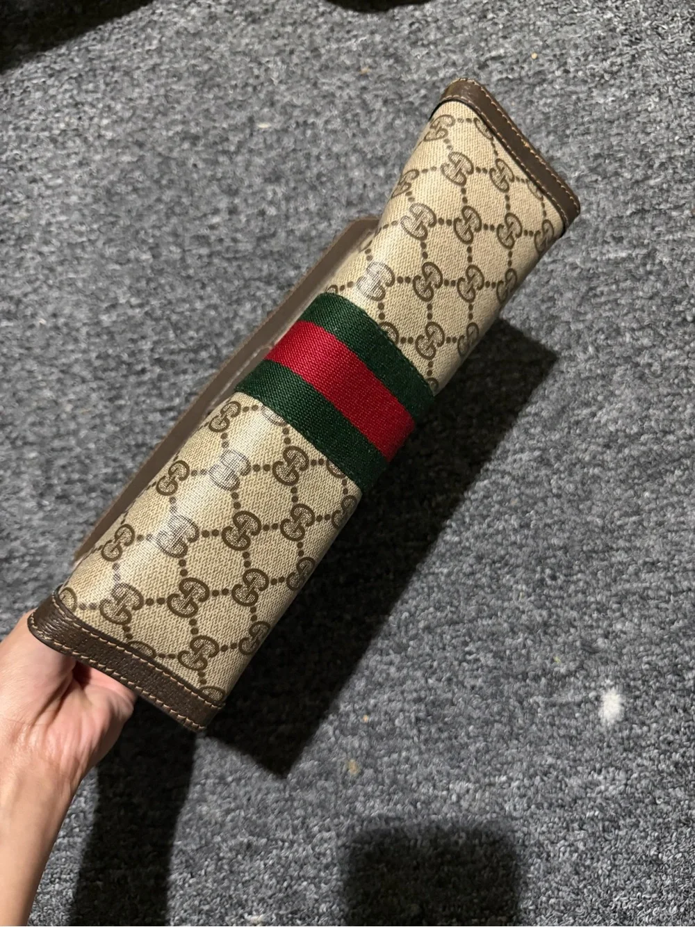 Gucci GG Supreme Web Stripe Clutch in Brown/Tan